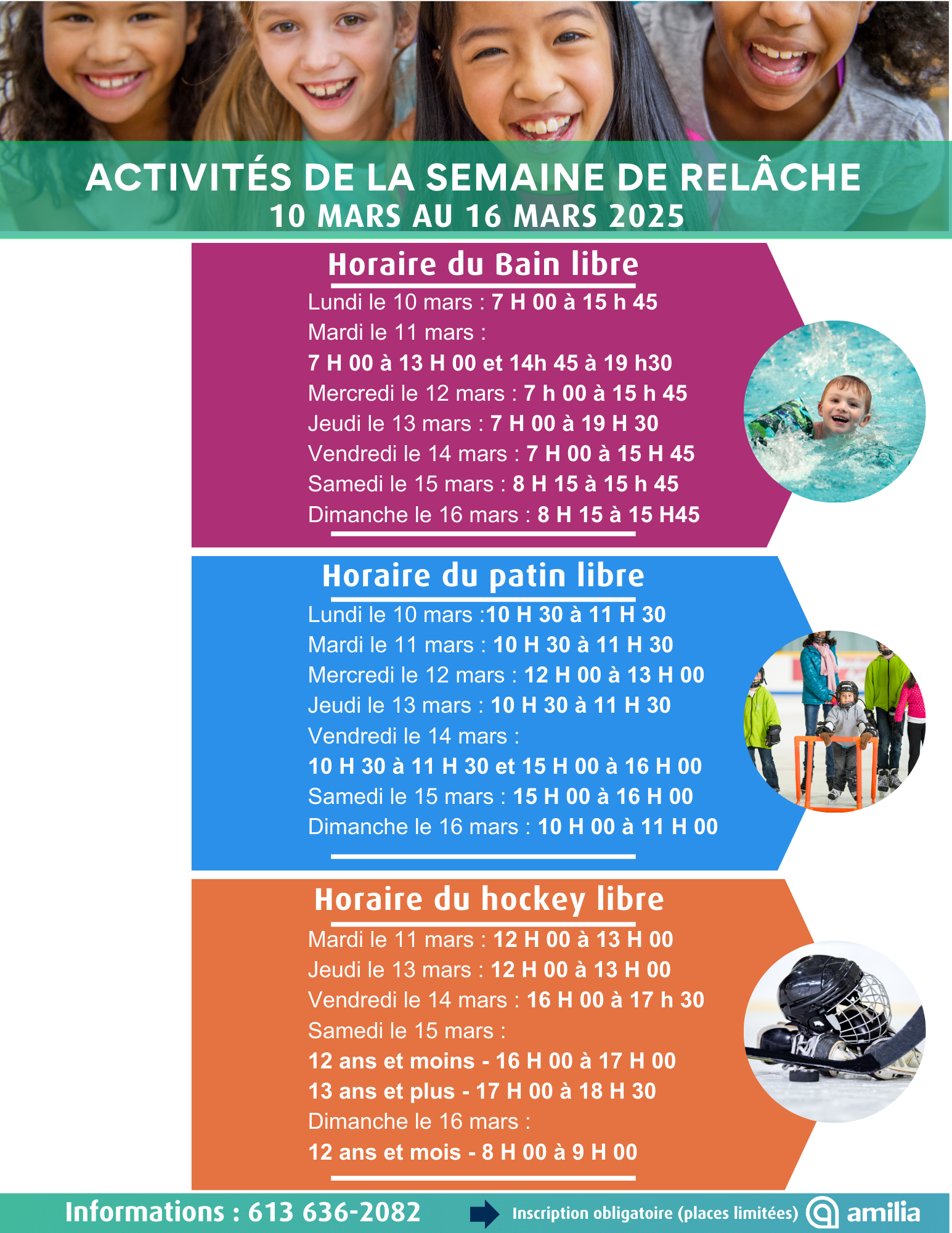 L'horaire de activités de la semaine de rlâche est affiché.  Contacter le Complexe sportifi pour une version accessible de l'horaire.