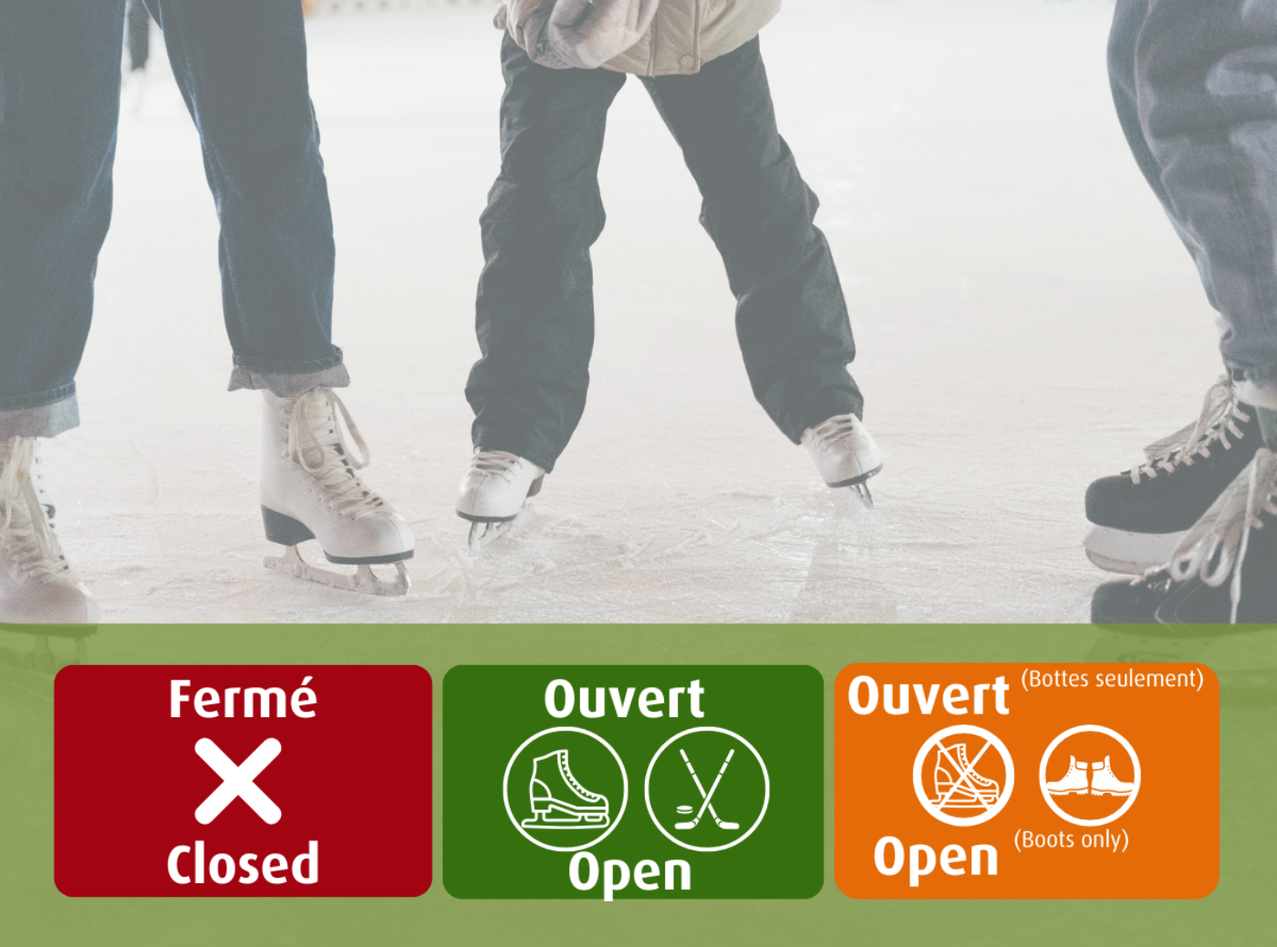 image of people skating with an overlay of three rink condition graphics for closed, open, or open for boots only