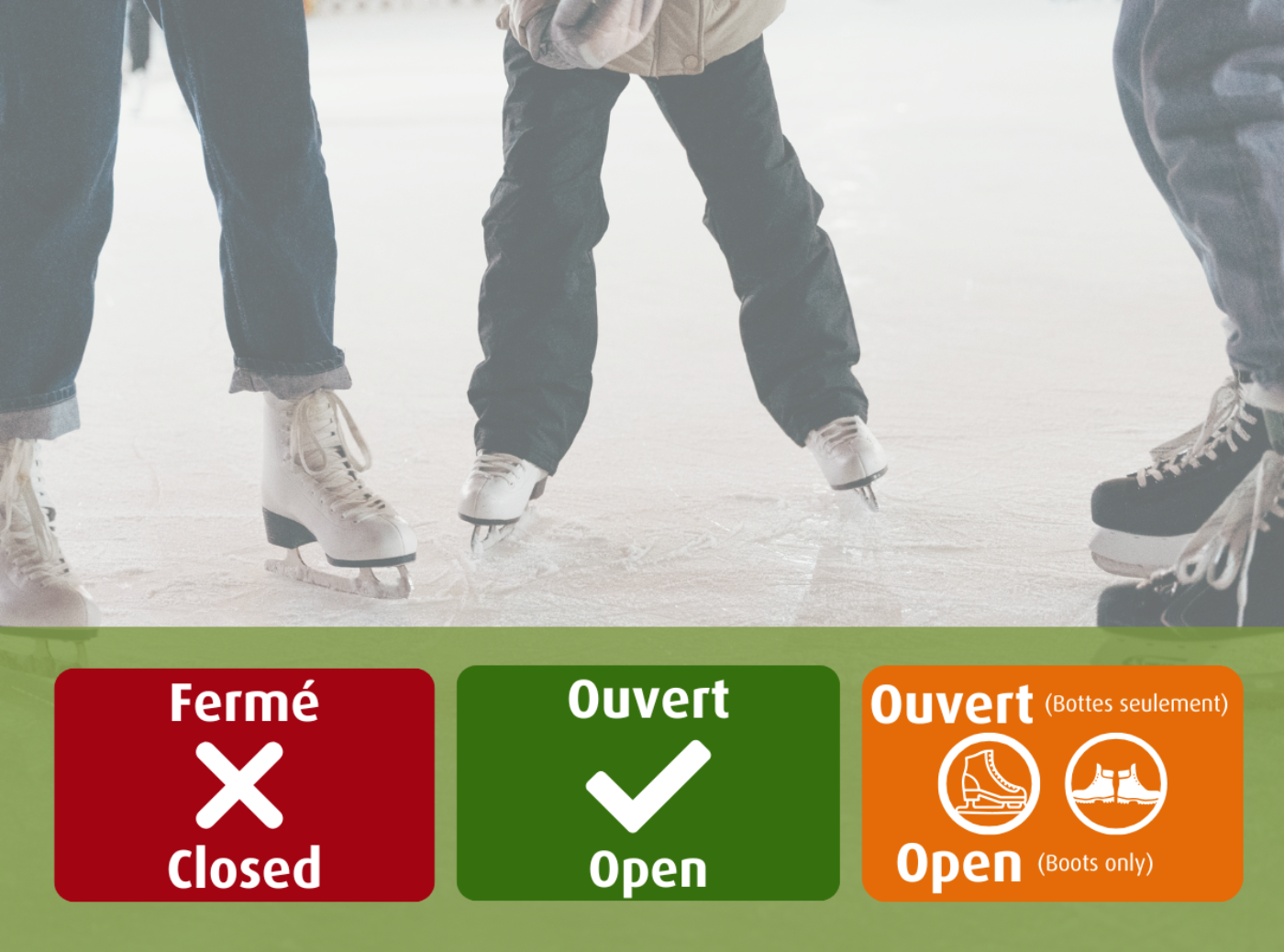 Image générique de patin avec trois boîtes pour indiquer l'état de la patinoire : rouge pour fermer; vert pour ouvert et orange pour ouvert avec bottes seulement.